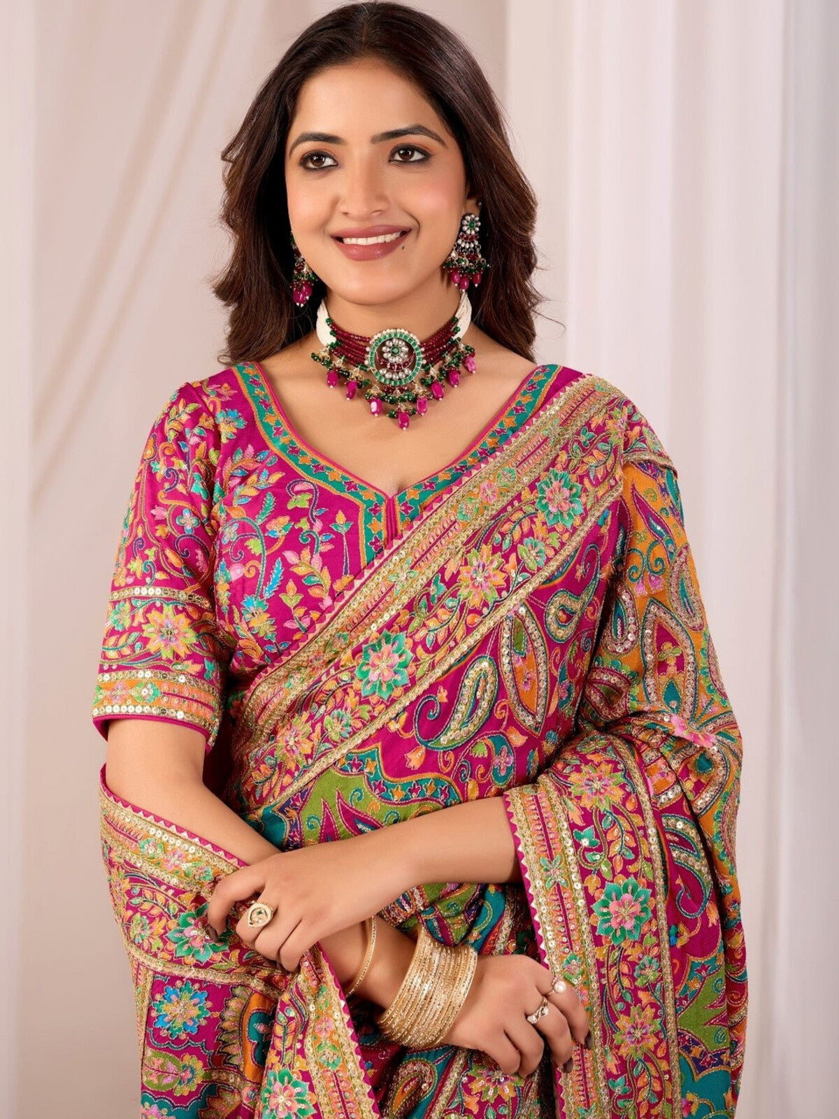 Multicoloured Modal Silk Embroidered Saree.