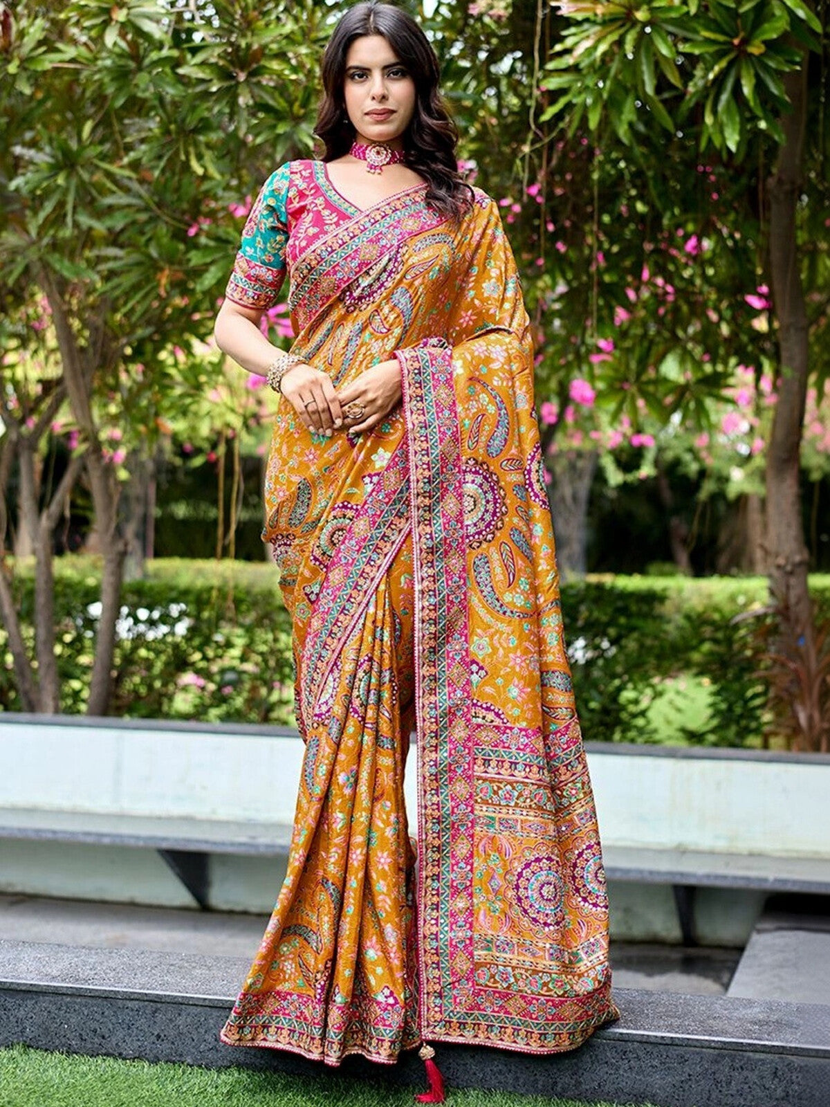 Paisley Embroidered Designer Mustard Saree.