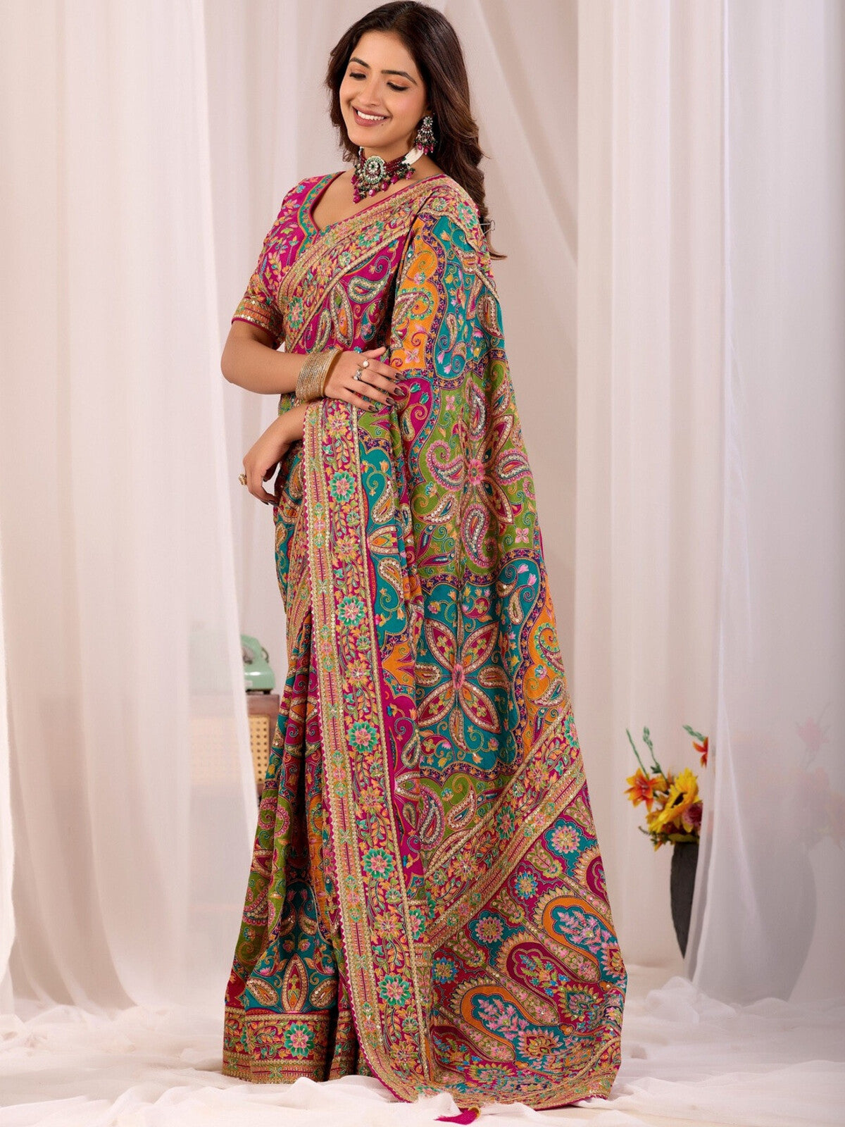 Multicoloured Modal Silk Embroidered Saree.