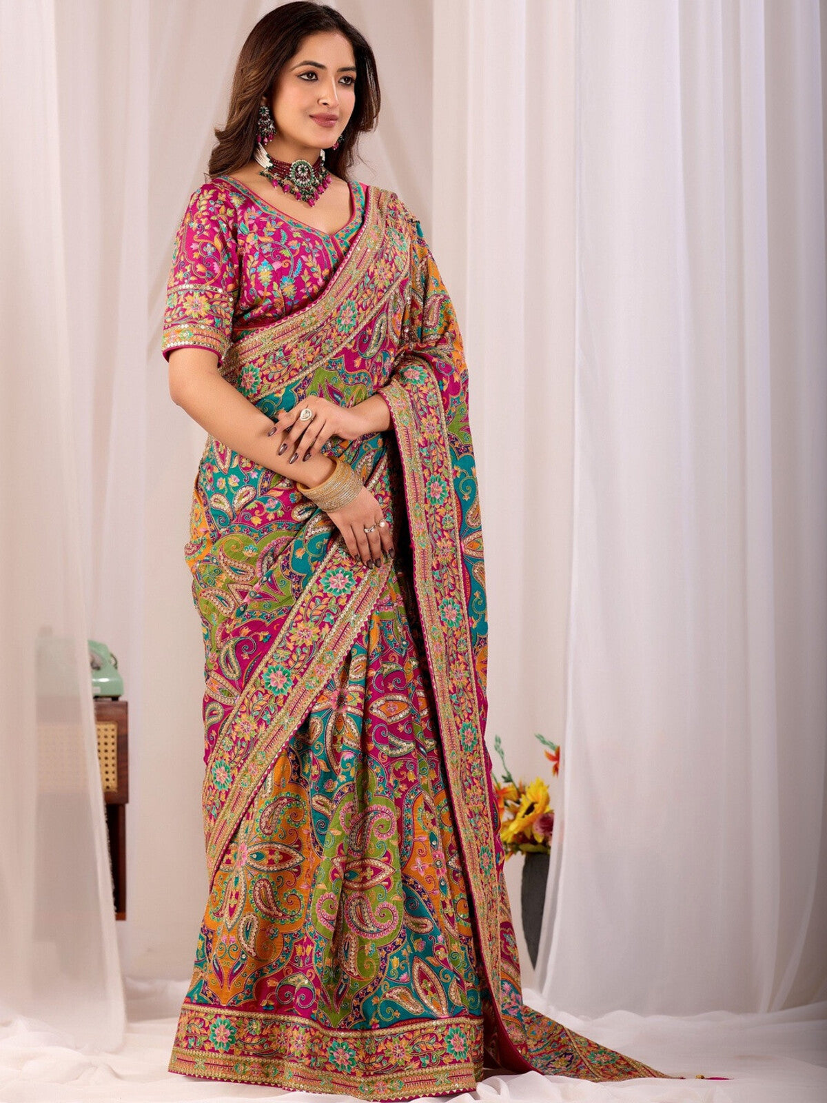Multicoloured Modal Silk Embroidered Saree.
