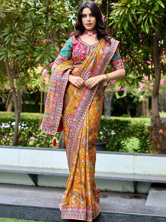 Paisley Embroidered Designer Mustard Saree.