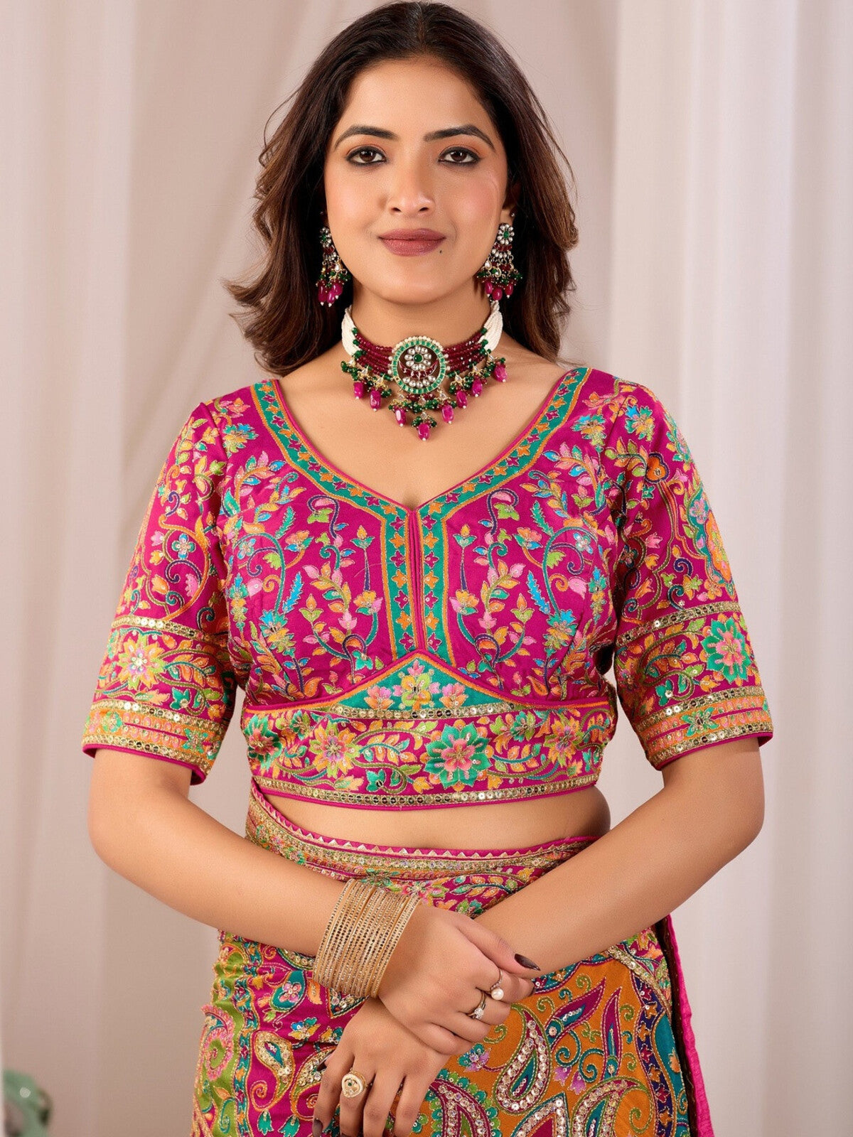 Multicoloured Modal Silk Embroidered Saree.
