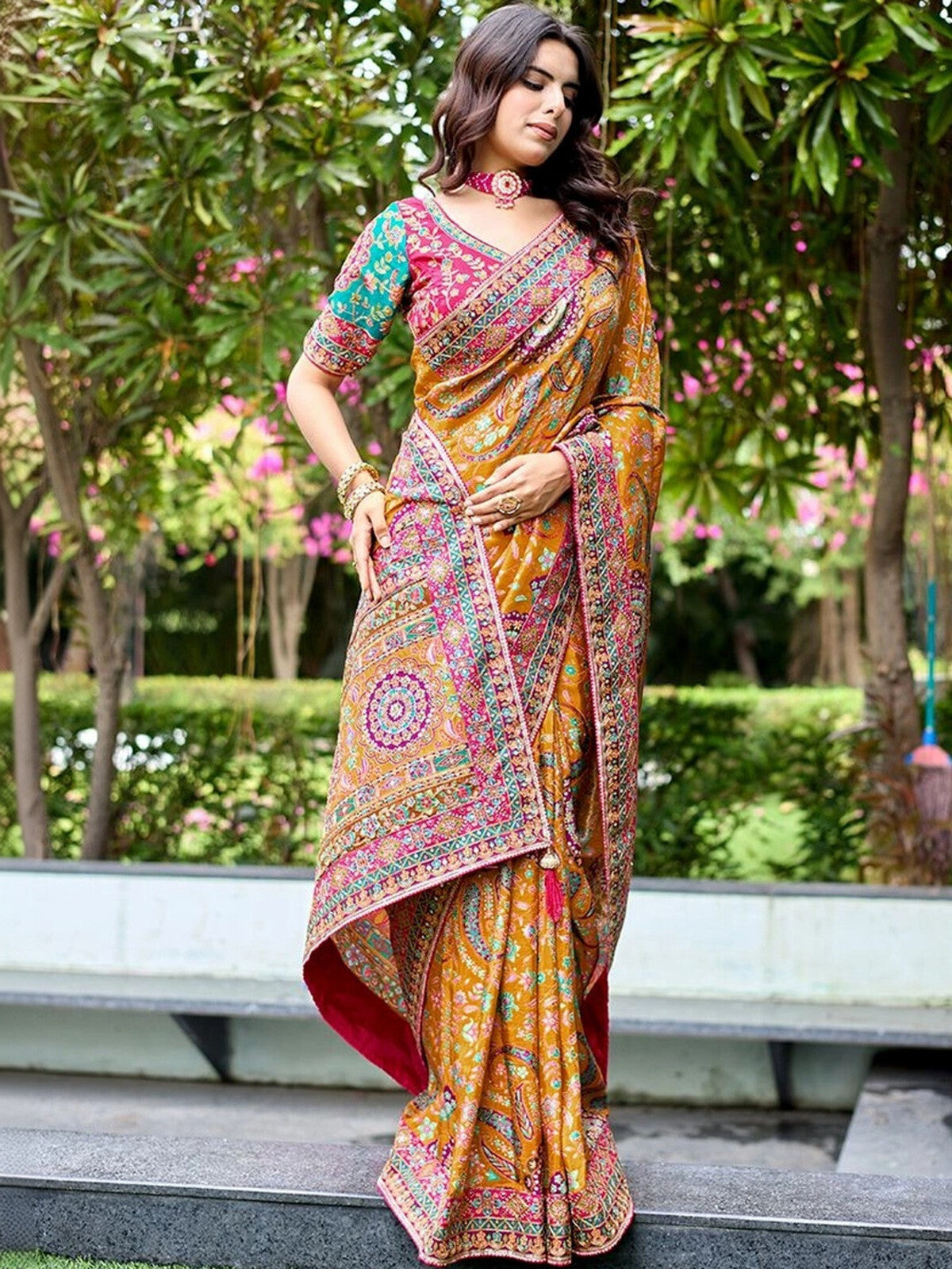Paisley Embroidered Designer Mustard Saree.