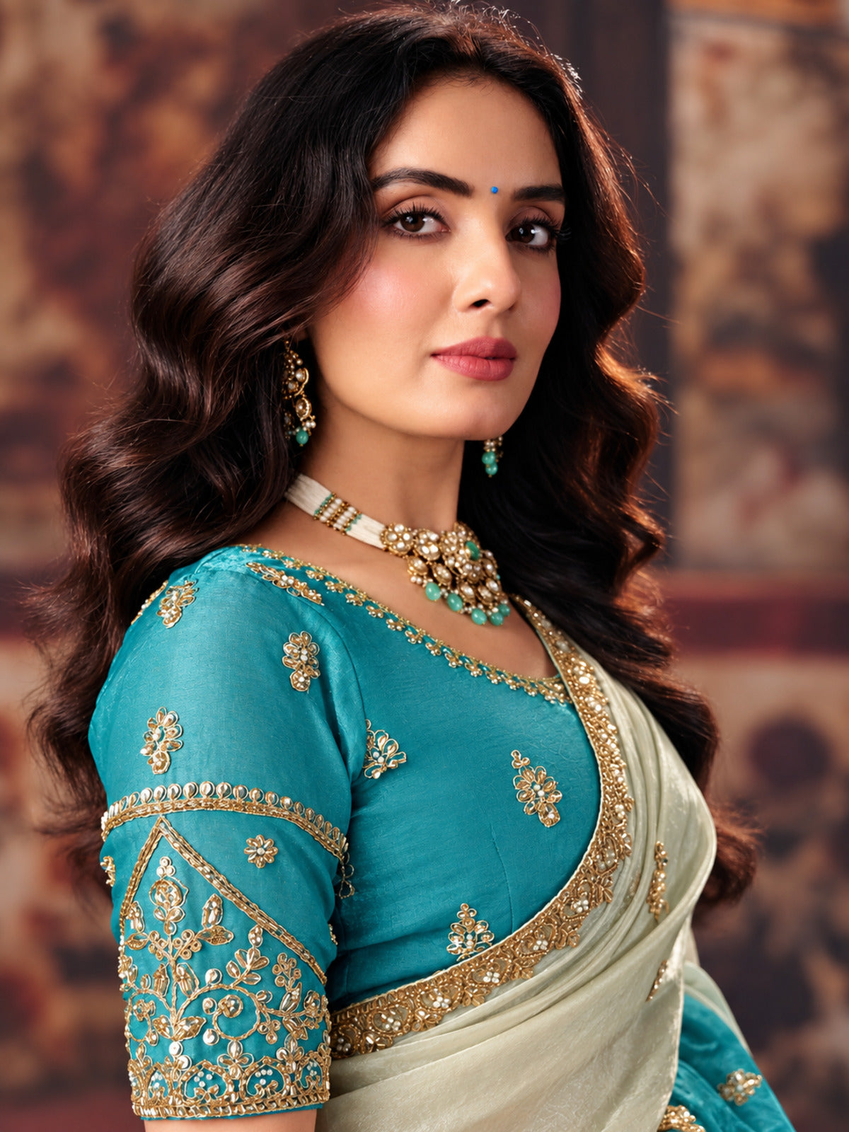 Rangvi Dual-Tone Turquoise Blue & Off-White Ombre Fendi Satin Designer Saree