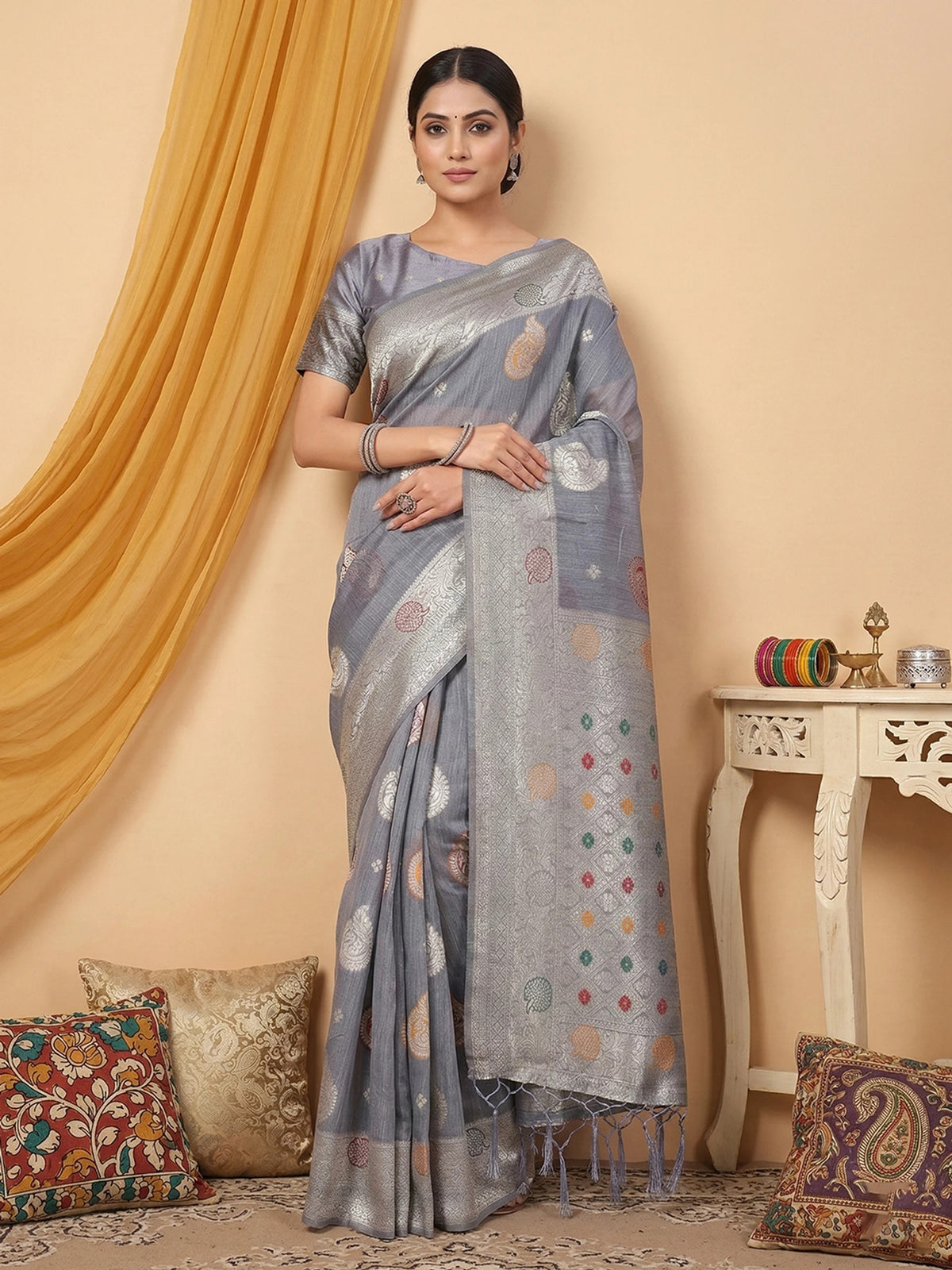Rangvi Premium Linen Cotton Silk Festive & Wedding Wear Saree