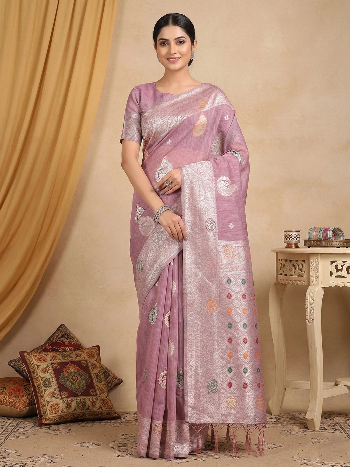 Rangvi Premium Linen Cotton Silk Festive & Wedding Wear Saree