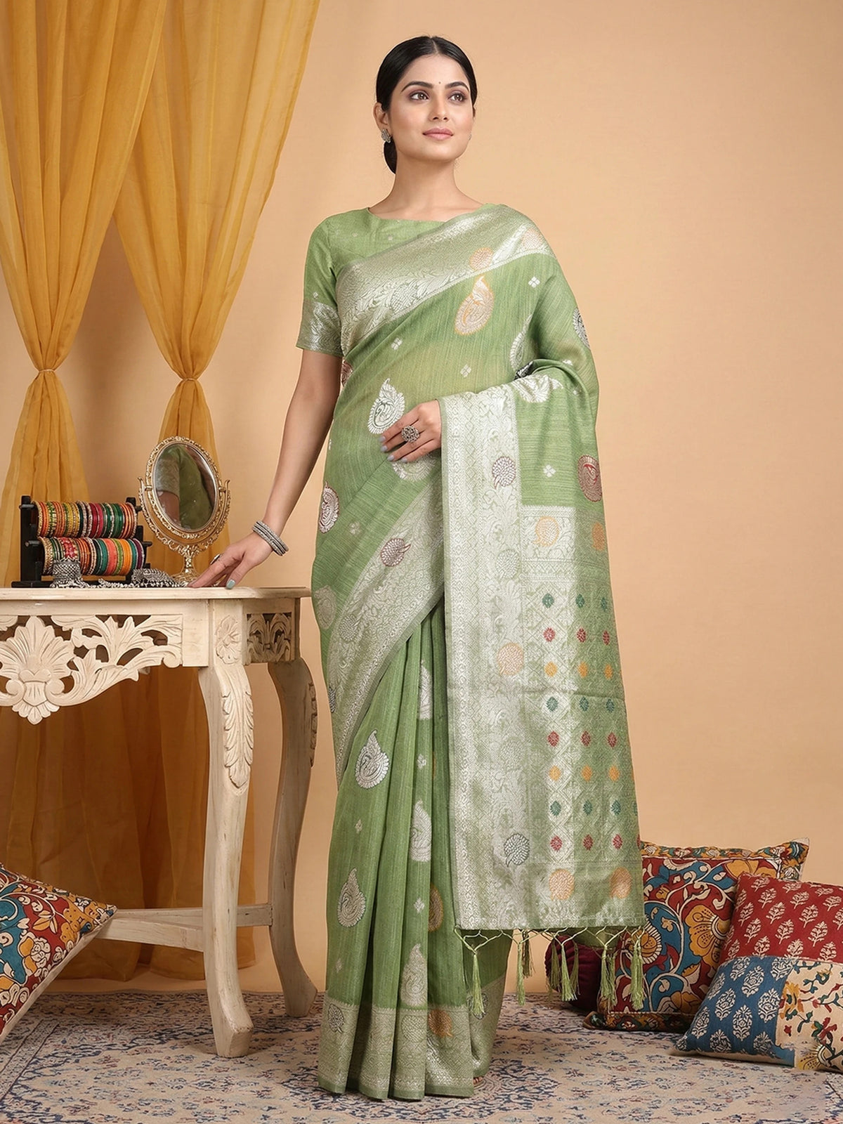 Rangvi Premium Linen Cotton Silk Festive & Wedding Wear Saree