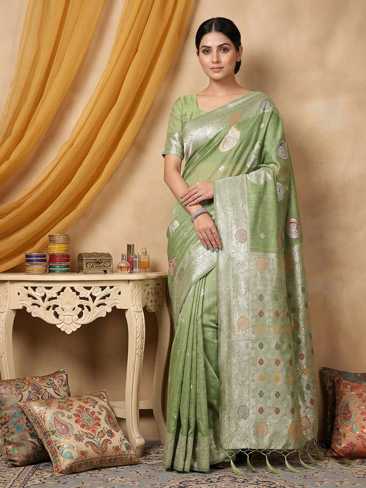 Rangvi Premium Linen Cotton Silk Festive & Wedding Wear Saree