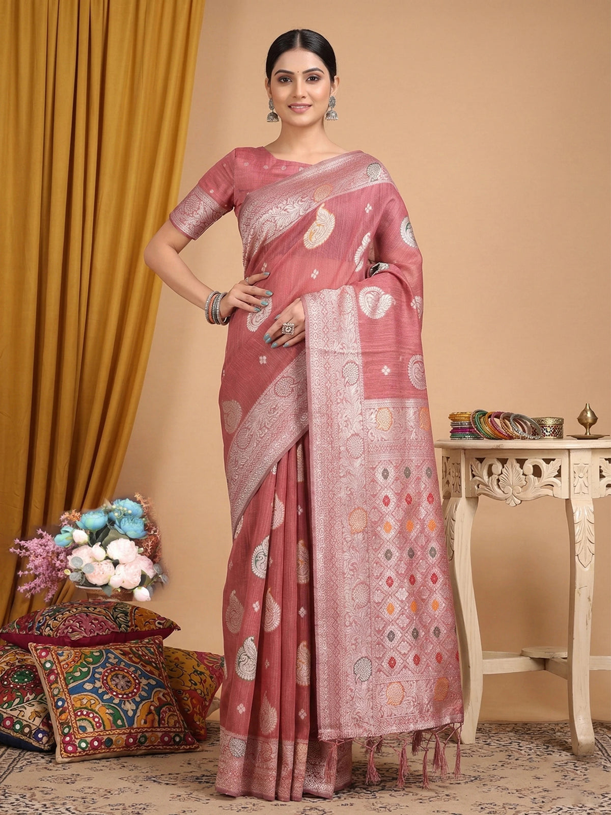 Rangvi Premium Linen Cotton Silk Festive & Wedding Wear Saree