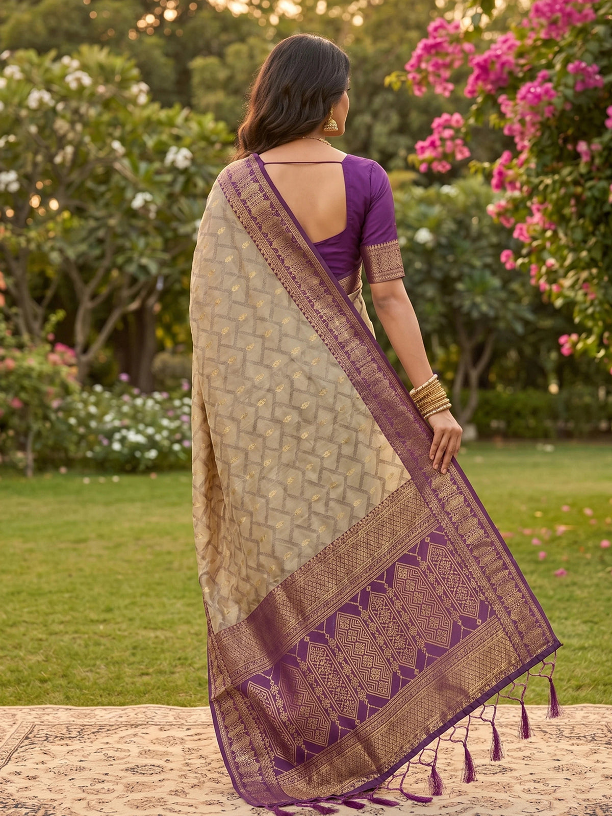 Rangvi Madhvi Soft Cotton Designer Elegant Festive Wear Saree with Rich Beinge Purple Zari Border