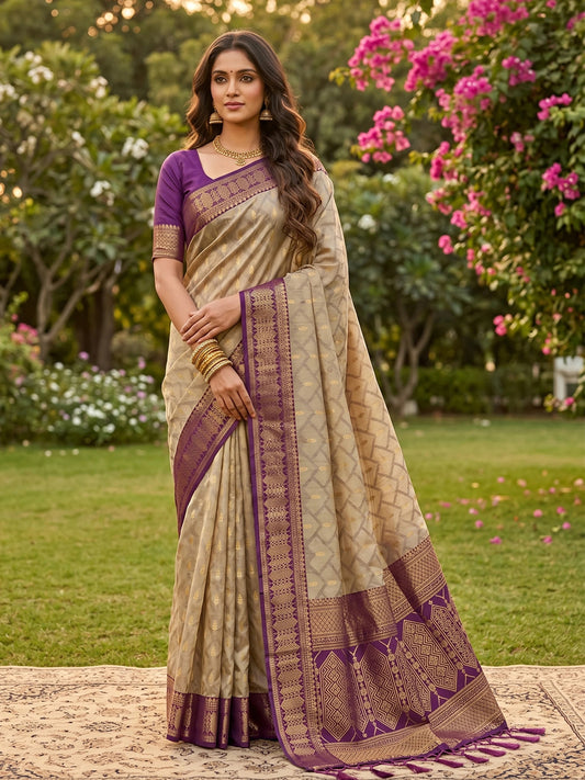 Rangvi Madhvi Soft Cotton Designer Elegant Festive Wear Saree with Rich Beinge Purple Zari Border