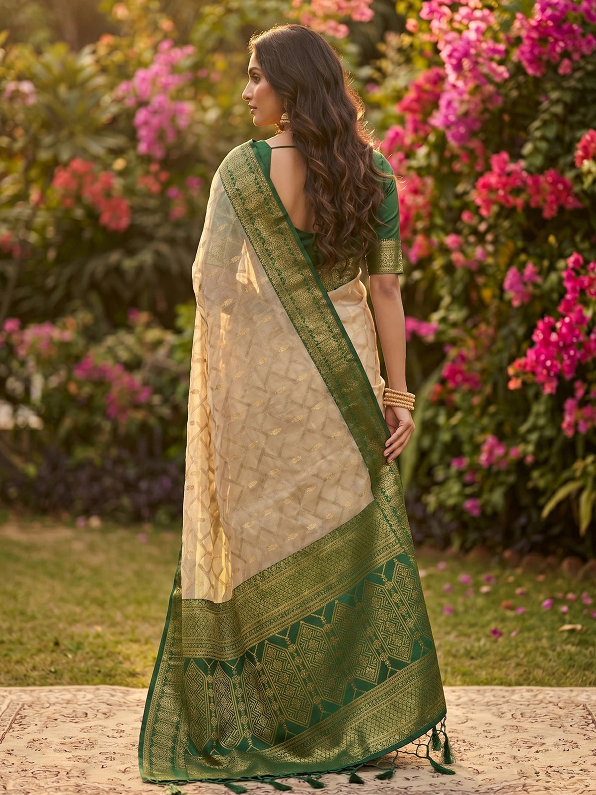 Rangvi Madhvi Soft Cotton Designer Elegant Festive Wear Saree with Rich Beinge Green Zari Border
