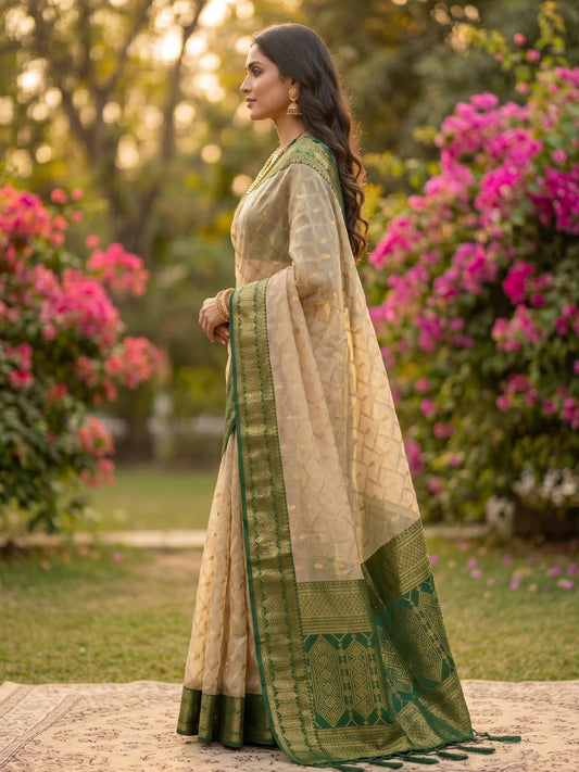 Rangvi Madhvi Soft Cotton Designer Elegant Festive Wear Saree with Rich Beinge Green Zari Border