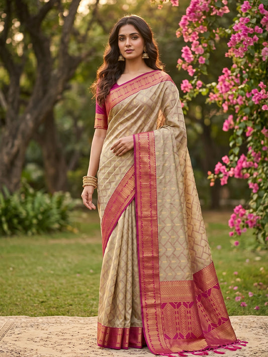 Rangvi Madhvi Soft Cotton Designer Elegant Festive Wear Saree with Rich Beinge Pink Zari Border