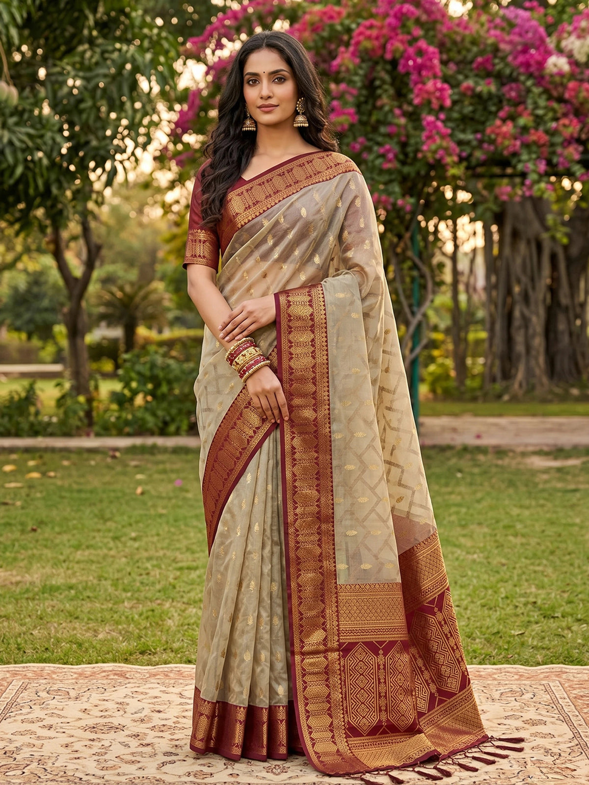 Rangvi Madhvi Soft Cotton Designer Elegant Festive Wear Saree with Rich Beinge Maroon Zari Border