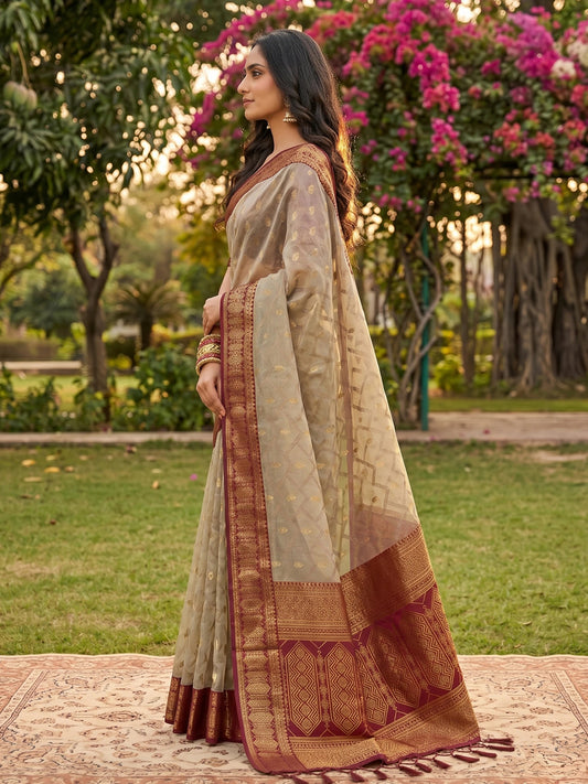 Rangvi Madhvi Soft Cotton Designer Elegant Festive Wear Saree with Rich Beinge Maroon Zari Border